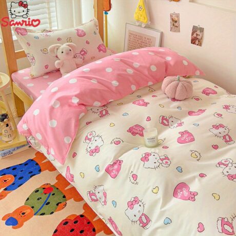 Authorized New skin-friendly aloe vera cotton printed dormitory bunk bed four-piece set candy kt cat