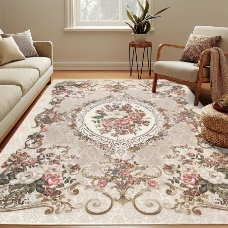 1pc Luxurious Bohemian Elegance Area Rug - Soft Imitation Cashmere, Persian Flower Pattern, Beige and White Colors, Easy to Clean, Non-Shedding, Hypoallergenic, Perfect for Living Room, Balcony, Bedroom Decoration - Durable, Stain-Resistant, and Low-Maintenance