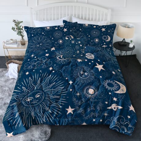 4-Piece Celestial Comforter Set - Soft Quilted Bedding with Vibrant Sun, Moon, and Star Pattern - Boho Mandala Design, Blue Color, Comfortable and Cozy for a Relaxing Sleep Experience