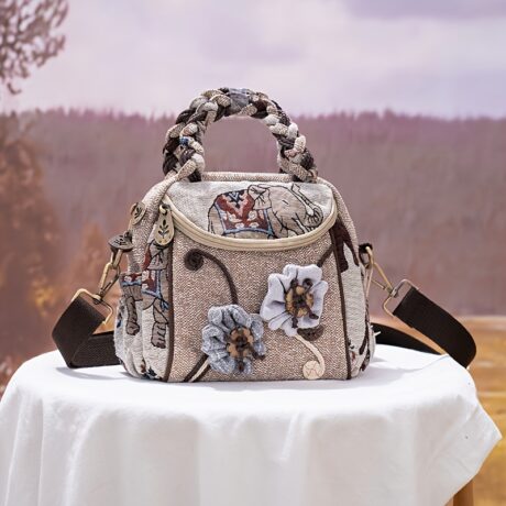 Vibrant Mini Zipper Square Shoulder Bag - Retro Ethnic Elephant Pattern & Flower Decor, Stylish Satchel for Women with Adjustable Straps and Inner Pocket