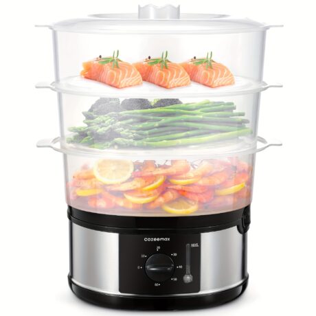 800W Cozeemax Deluxe 13.7QT Electric Food Steamer - 3-Tier Fast Simultaneous Cooking, 60-Minute Timer, BPA-Free Large Capacity Vegetable Baskets - Ideal for Healthy Fish Seafood Rice Cooking, Perfect Kitchen Gadgets Gifts for Mom or Dad