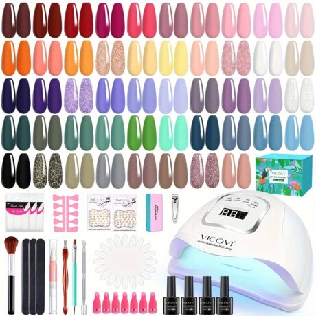 48 Colors Gel Polish Set with 36W Nail Light Curing Lamp - Lead-Free, Unscented, Soak-Off Base Coat & Top Coat - DIY Gel Nail Kit for Beginners at Home with Manicure Tools - vicovi Gel Nail Set